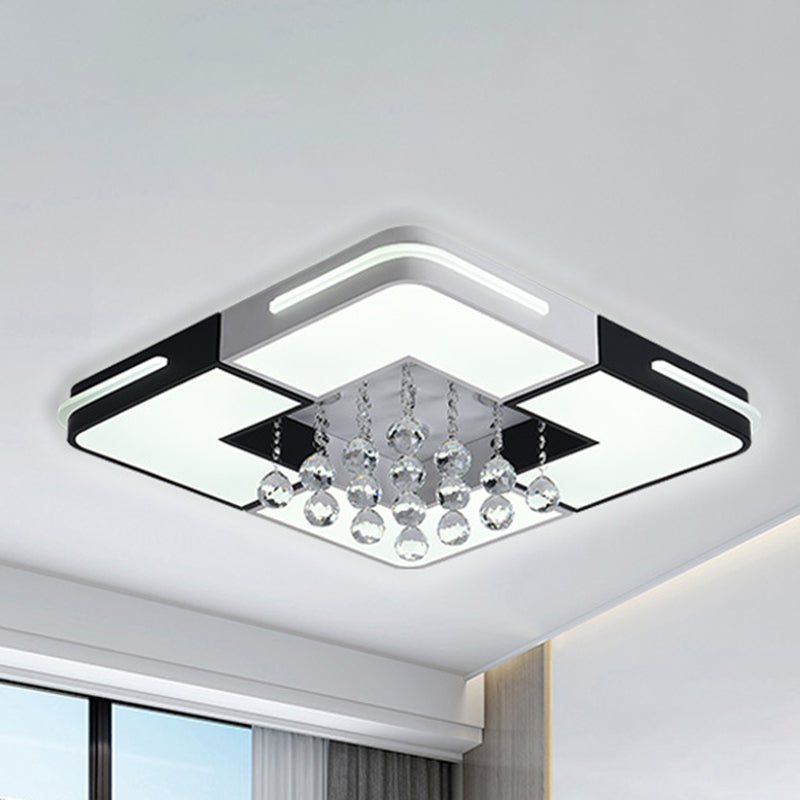 Modern LED Ceiling Light White Rectangle/Square Flush Mounted Light with Crystal Ball Accent in White/3 Color/Remote Control Stepless Dimming Light, 19.5"/23.5"/35.5" W