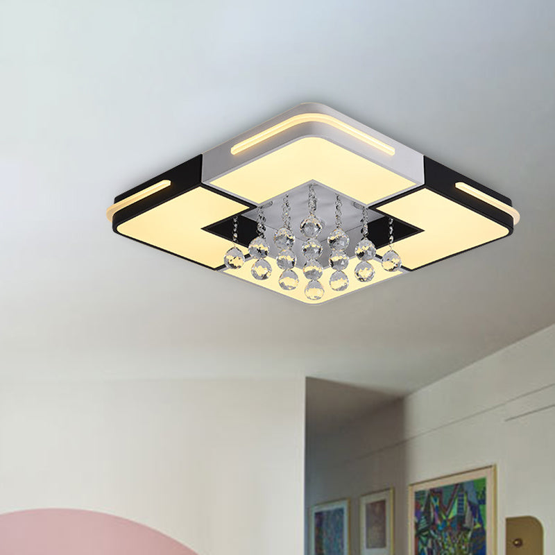 Modern LED Ceiling Light White Rectangle/Square Flush Mounted Light with Crystal Ball Accent in White/3 Color/Remote Control Stepless Dimming Light, 19.5"/23.5"/35.5" W