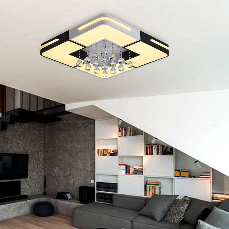 Modern LED Ceiling Light White Rectangle/Square Flush Mounted Light with Crystal Ball Accent in White/3 Color/Remote Control Stepless Dimming Light, 19.5"/23.5"/35.5" W