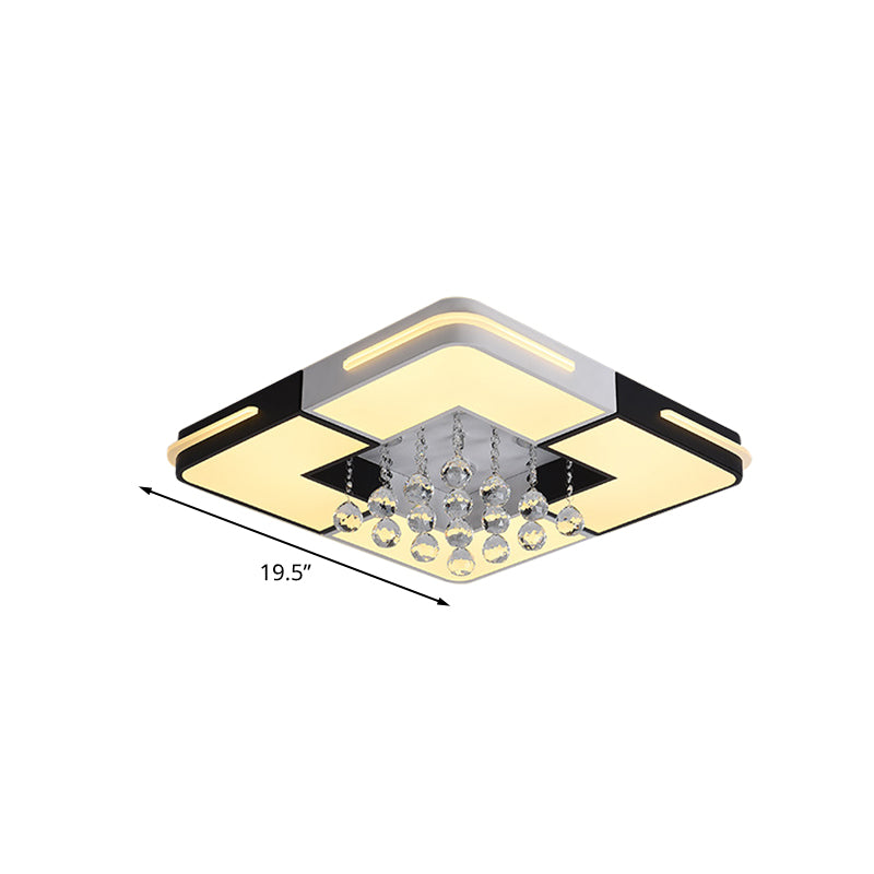 Modern LED Ceiling Light White Rectangle/Square Flush Mounted Light with Crystal Ball Accent in White/3 Color/Remote Control Stepless Dimming Light, 19.5"/23.5"/35.5" W