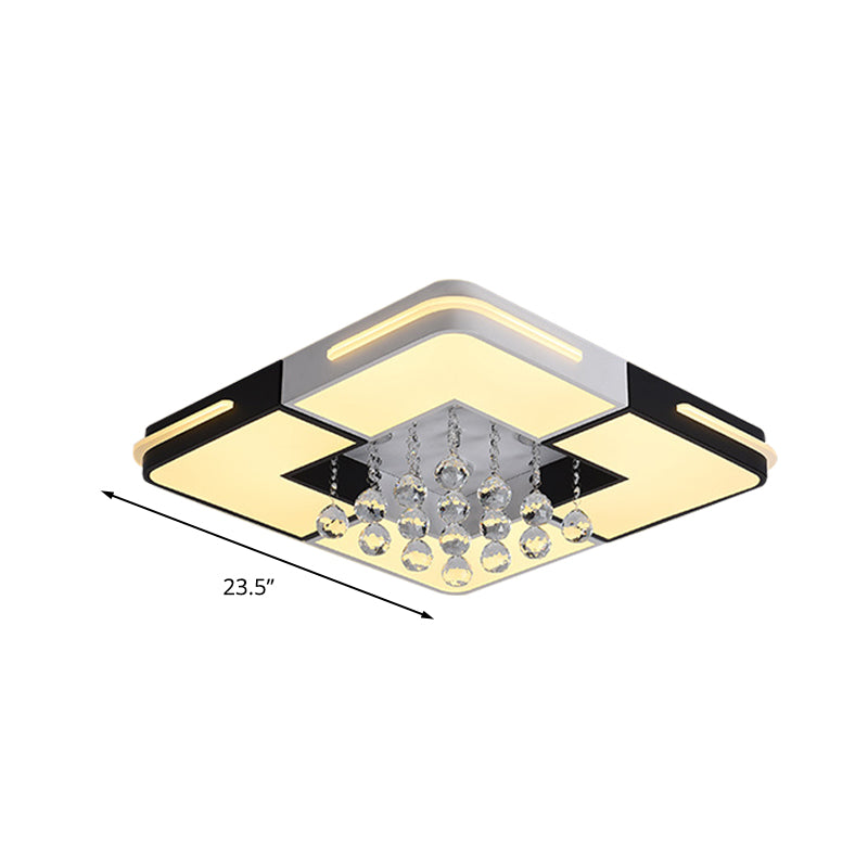 Modern LED Ceiling Light White Rectangle/Square Flush Mounted Light with Crystal Ball Accent in White/3 Color/Remote Control Stepless Dimming Light, 19.5"/23.5"/35.5" W