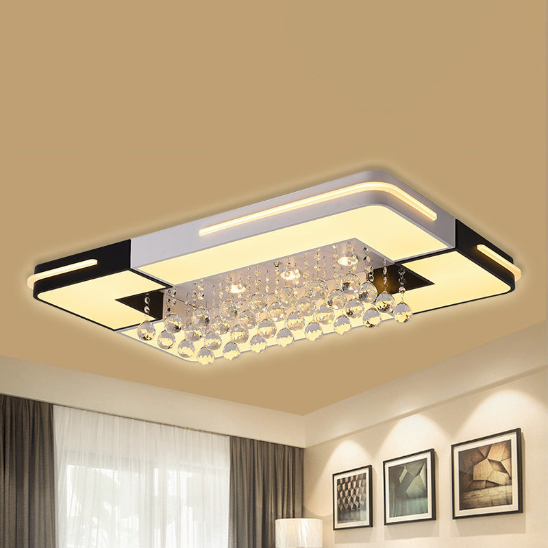 Modern LED Ceiling Light White Rectangle/Square Flush Mounted Light with Crystal Ball Accent in White/3 Color/Remote Control Stepless Dimming Light, 19.5"/23.5"/35.5" W