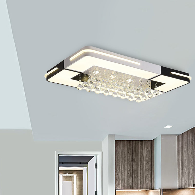 Modern LED Ceiling Light White Rectangle/Square Flush Mounted Light with Crystal Ball Accent in White/3 Color/Remote Control Stepless Dimming Light, 19.5"/23.5"/35.5" W
