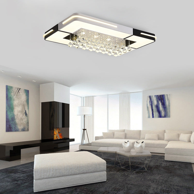 Modern LED Ceiling Light White Rectangle/Square Flush Mounted Light with Crystal Ball Accent in White/3 Color/Remote Control Stepless Dimming Light, 19.5"/23.5"/35.5" W