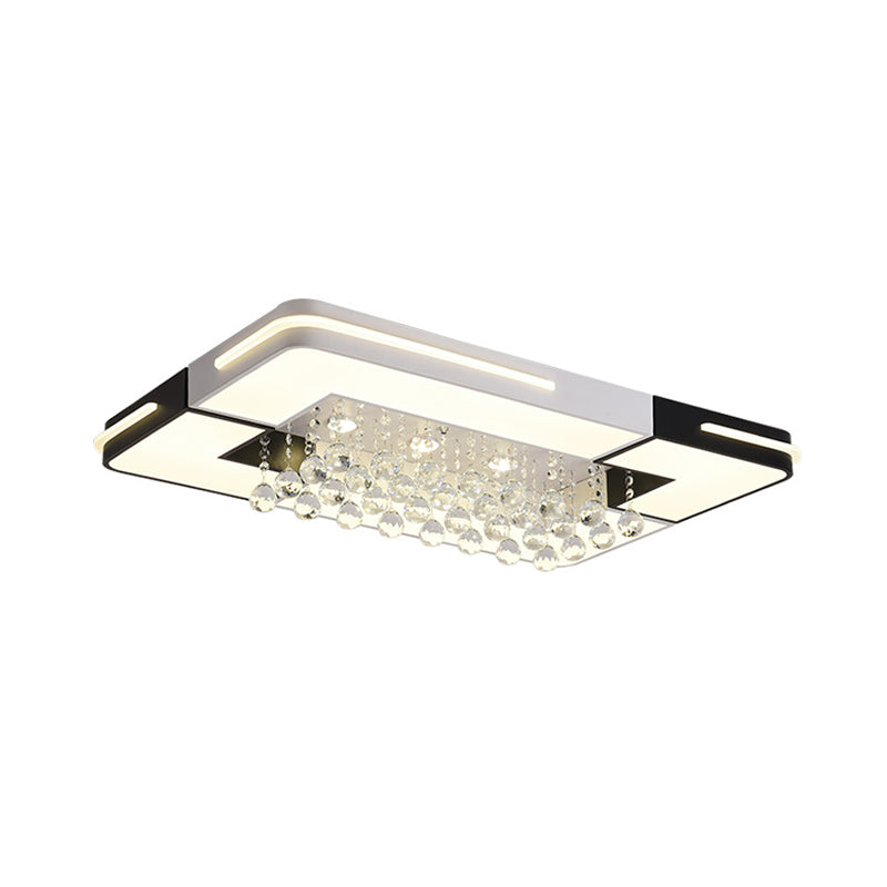 Modern LED Ceiling Light White Rectangle/Square Flush Mounted Light with Crystal Ball Accent in White/3 Color/Remote Control Stepless Dimming Light, 19.5"/23.5"/35.5" W