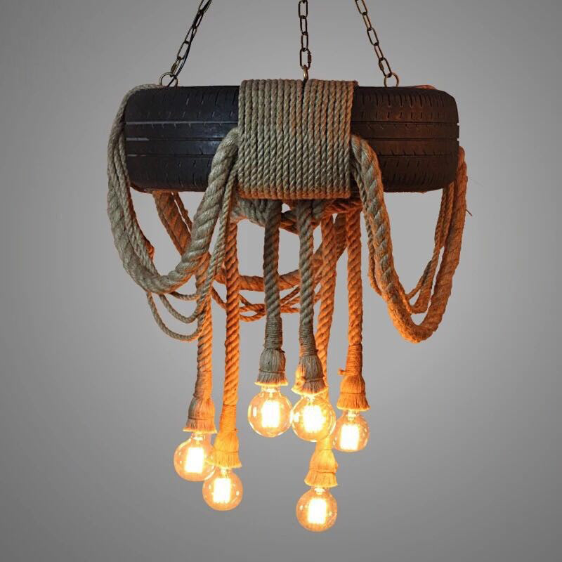 Modellazione di pneumatici in stile industriale vintage Modellazione della canapa a corda appesa a 6 luci a 6 luci a sospensione aperta sospensione per il negozio di caffè