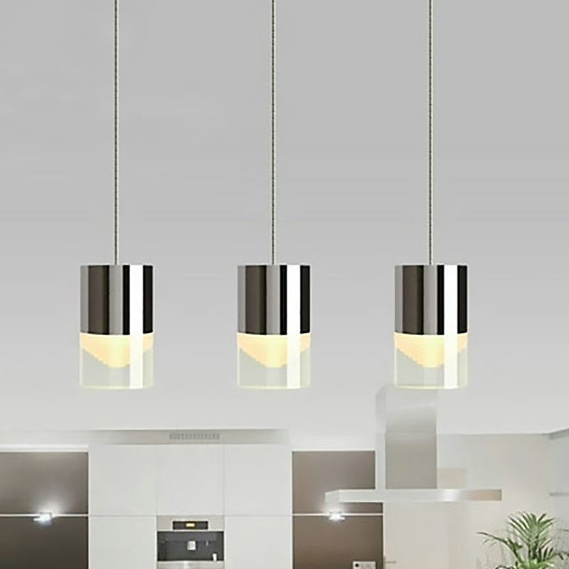 Lámpara colgante de cilindro de luz triple de metal simple y vidrio cromado Luz de cromo para barra