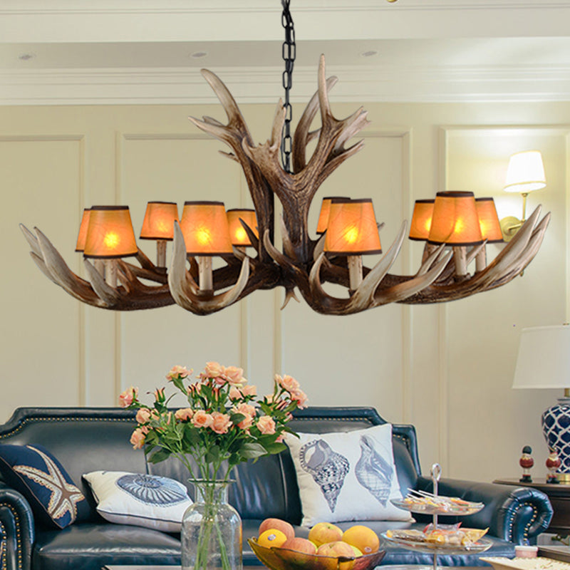 Resin Conical Chandelier Lamp Rustic 6/8/10-Head Bedroom Pendant Ceiling Light with Antler in Brown
