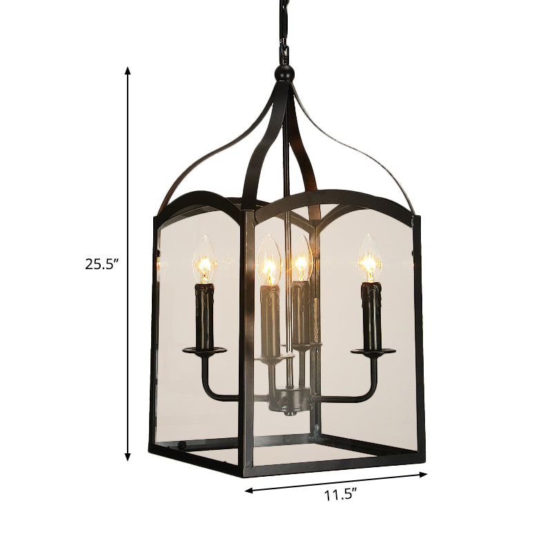 Wire Cage Indoor Chandelier Pendant Light Industrial Style Metal 4 Heads Black Hanging Lamp with Glass Panes