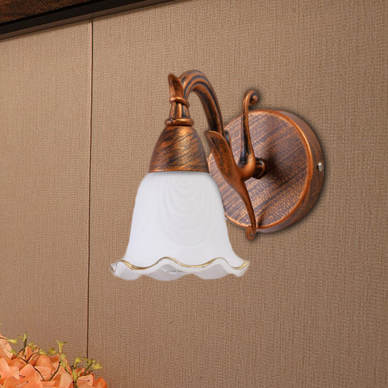 1/2/3-Head Wall Mounted Light Traditional Style Petal Shade Frosted Glass and Metal Wall Lighting in Copper/White