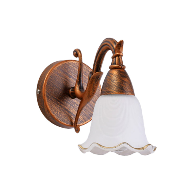 1/2/3-Head Wall Mounted Light Traditional Style Petal Shade Frosted Glass and Metal Wall Lighting in Copper/White