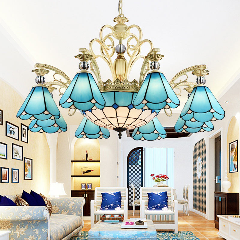 Blauw glas geschulpte kroonluchter mediterrane eetkamer plafond suspensielamp