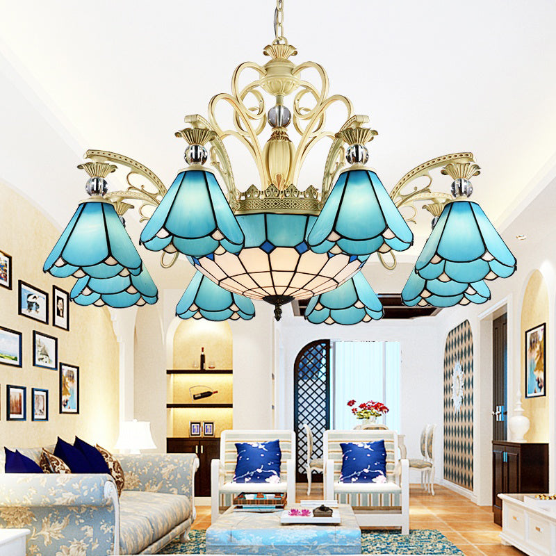 Blauw glas geschulpte kroonluchter mediterrane eetkamer plafond suspensielamp