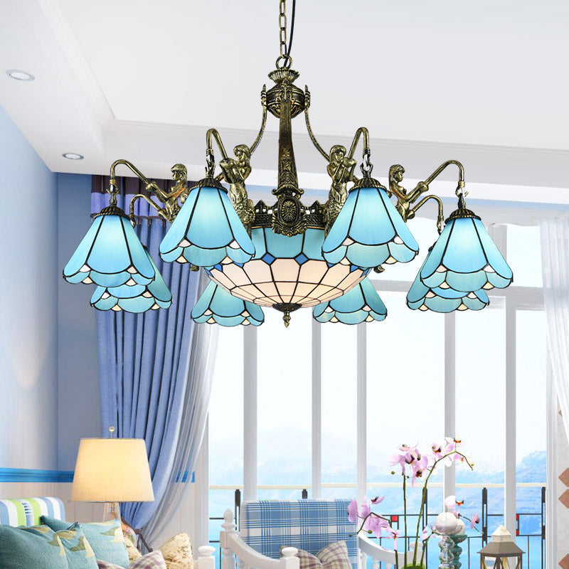 Blauw glas geschulpte kroonluchter mediterrane eetkamer plafond suspensielamp