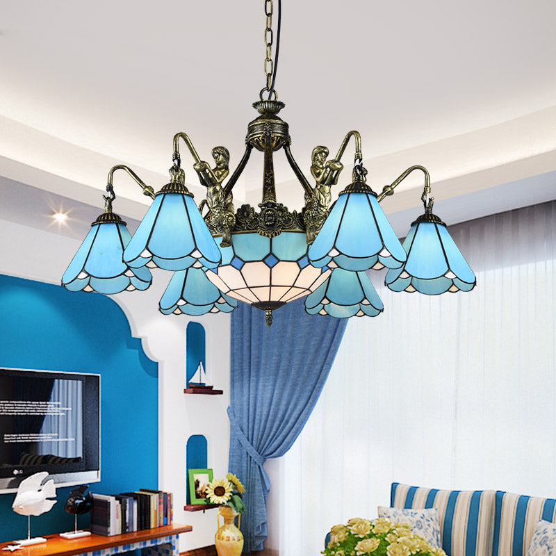 Blauw glas geschulpte kroonluchter mediterrane eetkamer plafond suspensielamp