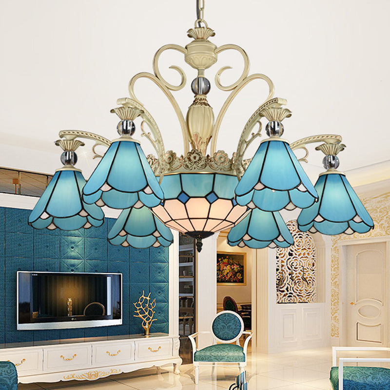 Blauw glas geschulpte kroonluchter mediterrane eetkamer plafond suspensielamp