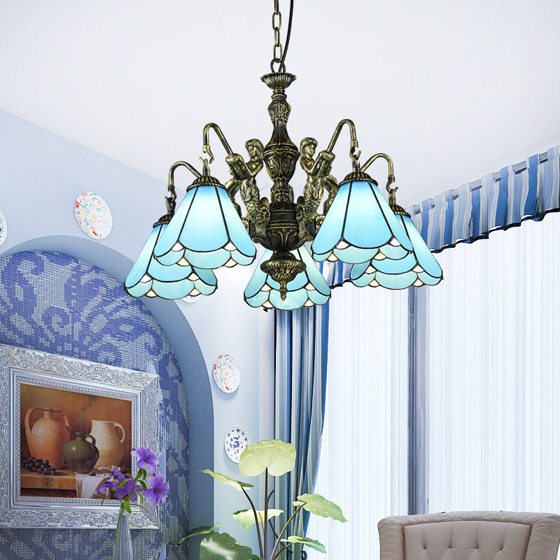 Blauw glas geschulpte kroonluchter mediterrane eetkamer plafond suspensielamp