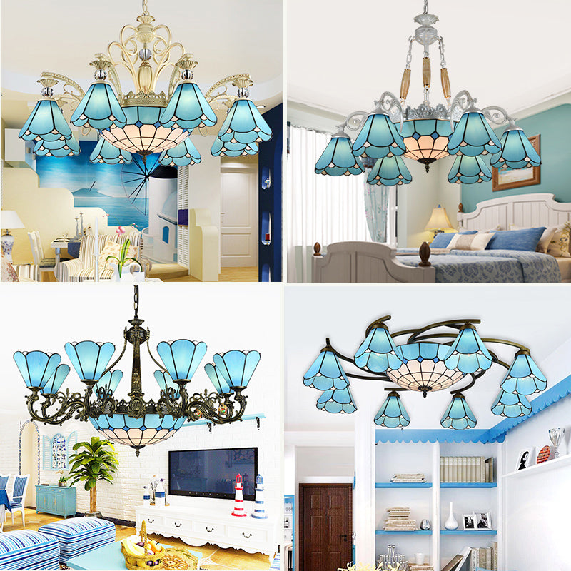 Blauw glas geschulpte kroonluchter mediterrane eetkamer plafond suspensielamp