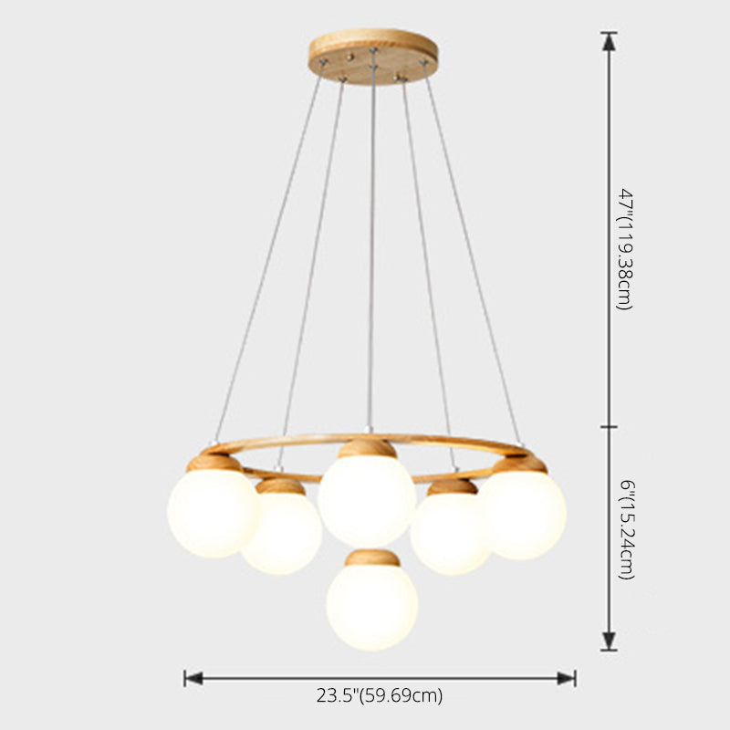 Wooden Circle Chandelier Nordic Style Hanging Light with Ball White Glass Shade