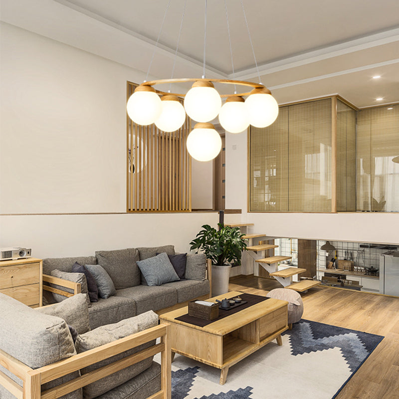 Wooden Circle Chandelier Nordic Style Hanging Light with Ball White Glass Shade