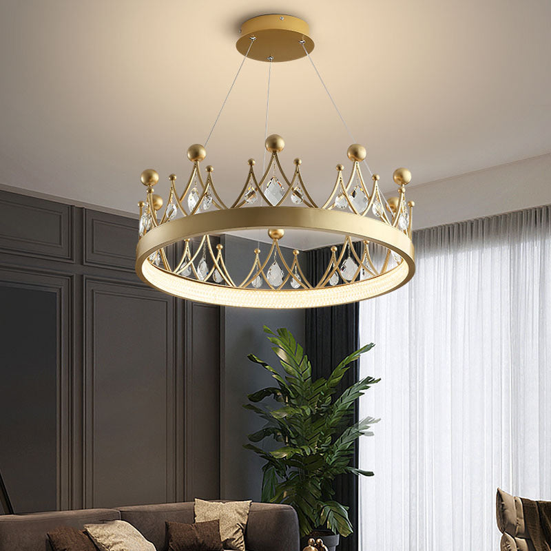 Gold Finish Crown Shaped Chandelier Minimalist Crystal LED Hanging Lamp for Bedroom