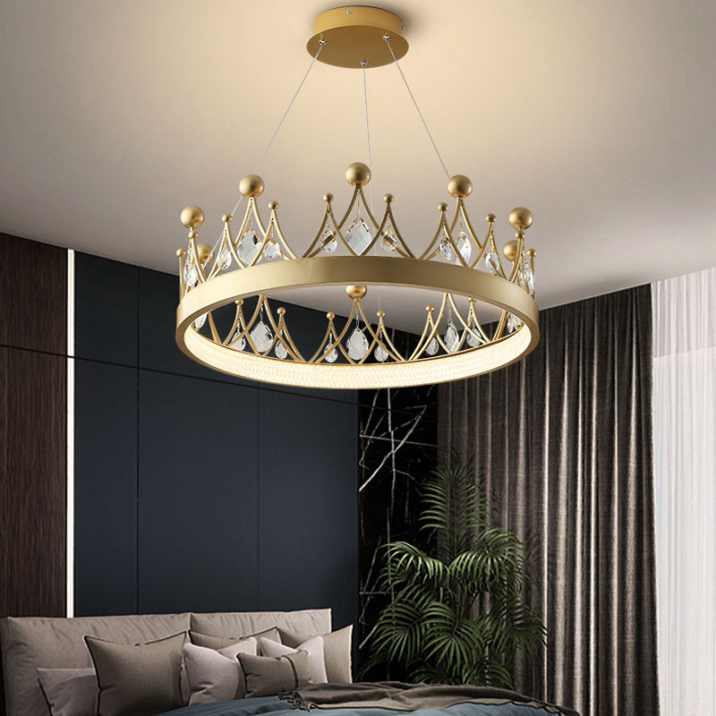 Gold Finish Crown Shaped Chandelier Minimalist Crystal LED Hanging Lamp for Bedroom