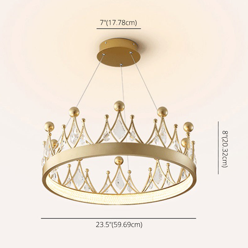 Gold Finish Crown Shaped Chandelier Minimalist Crystal LED Hanging Lamp for Bedroom