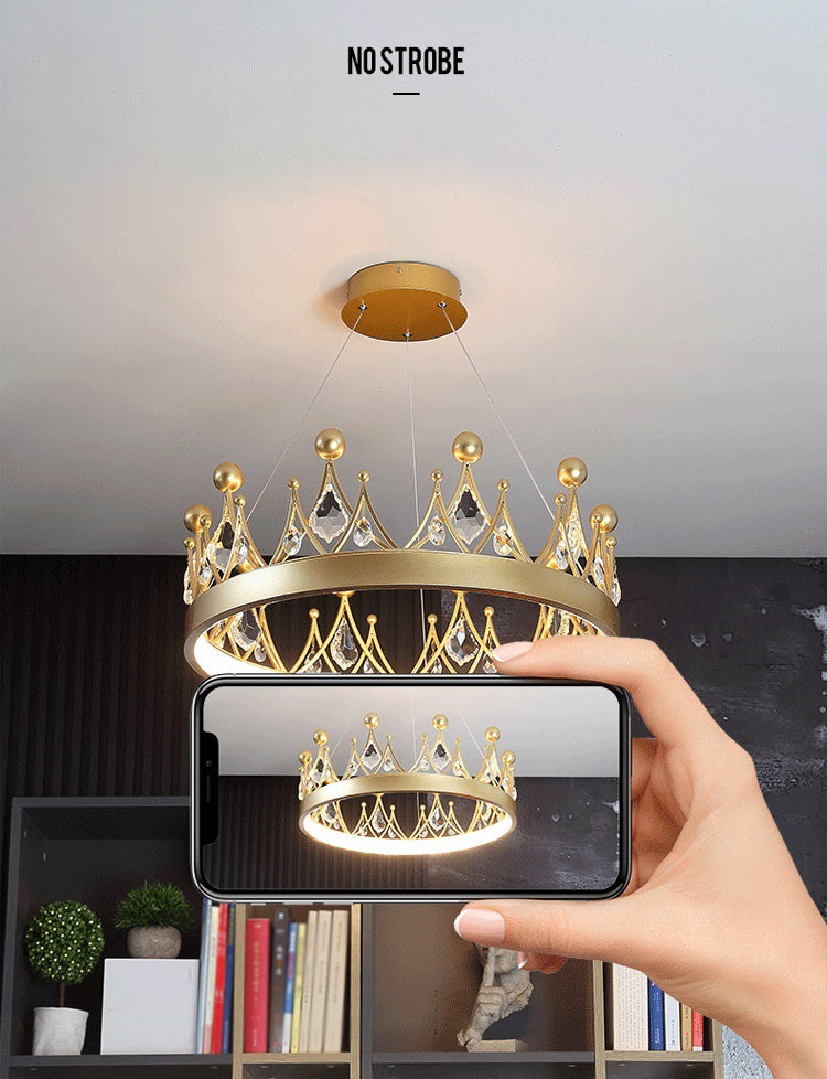 Gold Finish Crown Shaped Chandelier Minimalist Crystal LED Hanging Lamp for Bedroom