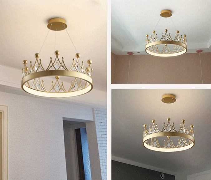 Gold Finish Crown Shaped Chandelier Minimalist Crystal LED Hanging Lamp for Bedroom