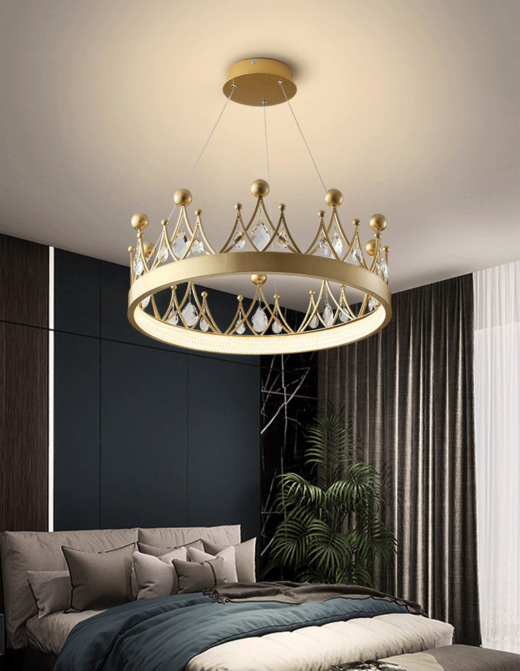 Gold Finish Crown Shaped Chandelier Minimalist Crystal LED Hanging Lamp for Bedroom
