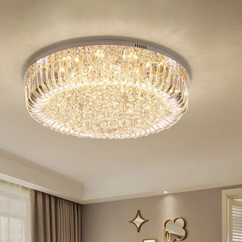 Clear Faceted Crystal Drum Ceiling Light Fixture Modern LED Flush Mount Light in Warm/White/3 Color Light