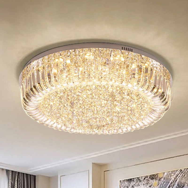 Clear Faceted Crystal Drum Ceiling Light Fixture Modern LED Flush Mount Light in Warm/White/3 Color Light