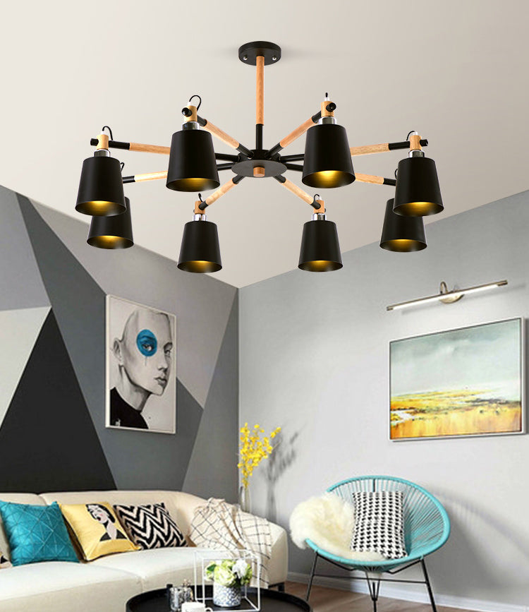 Radialer hölzerner Kronleuchter nordischer Pendelleuchte mit sich verjüngter Metallschatten