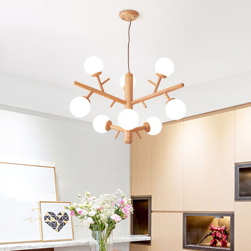 Hölzerner Baumzweig Kronleuchter nordischer Hängelampe mit Kugel Opalinglas Schatten