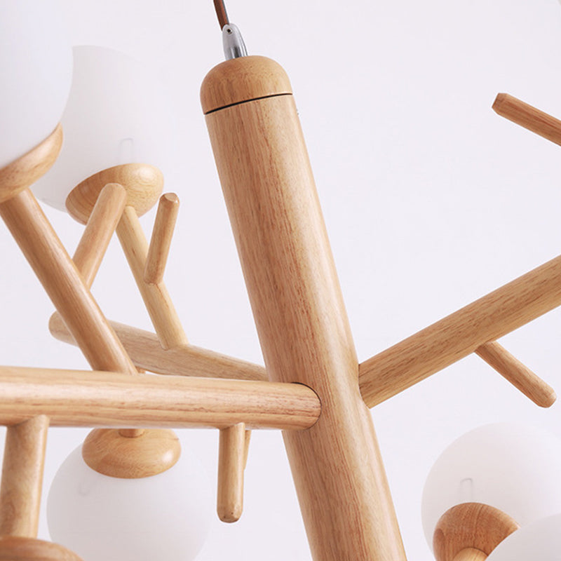 Hölzerner Baumzweig Kronleuchter nordischer Hängelampe mit Kugel Opalinglas Schatten