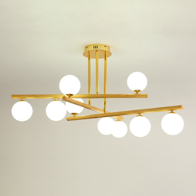 White Glass Bubble Chandelier Modern Gold and Wood Grain Hanging Light for Living Room