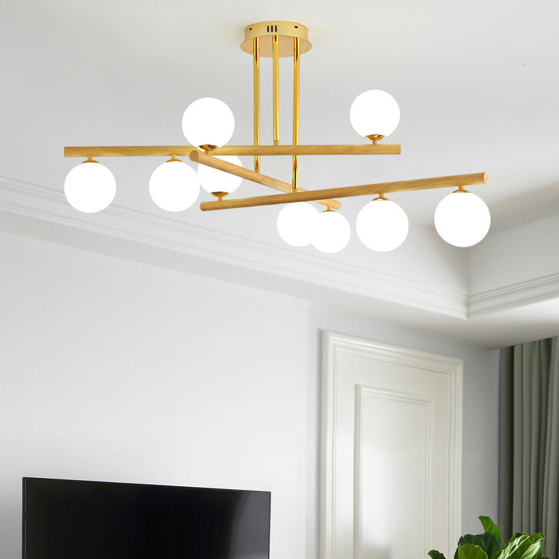 White Glass Bubble Chandelier Modern Gold and Wood Grain Hanging Light for Living Room