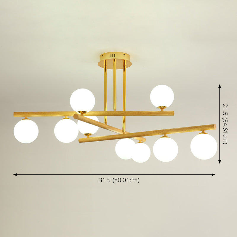 White Glass Bubble Chandelier Modern Gold and Wood Grain Hanging Light for Living Room