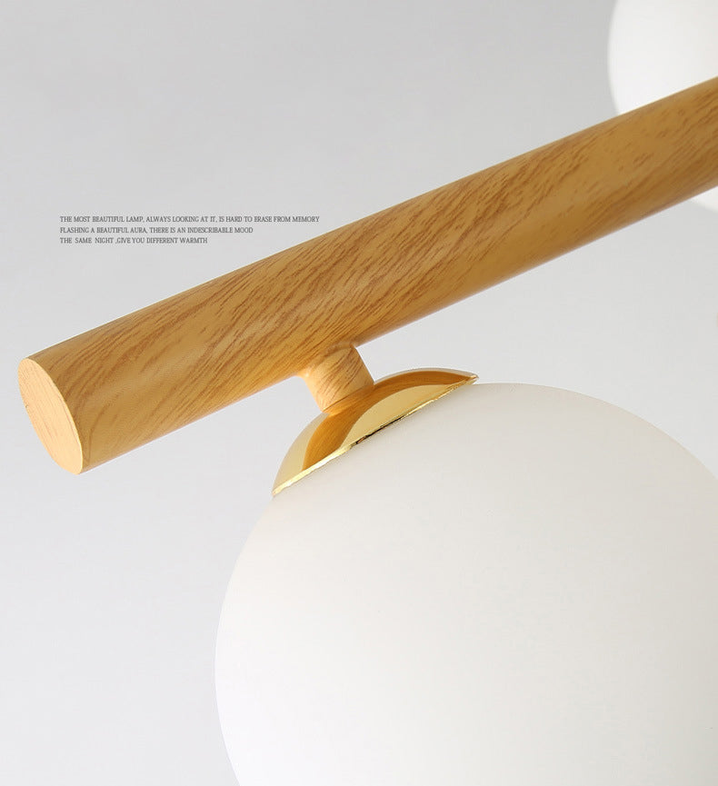 White Glass Bubble Chandelier Modern Gold and Wood Grain Hanging Light for Living Room