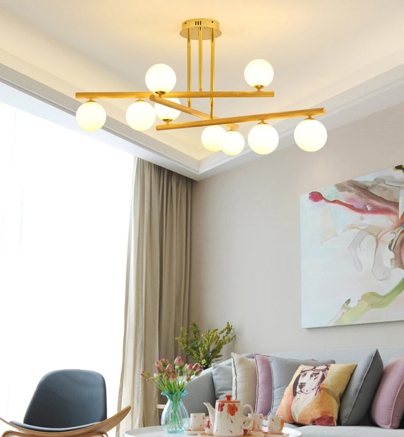 White Glass Bubble Chandelier Modern Gold and Wood Grain Hanging Light for Living Room
