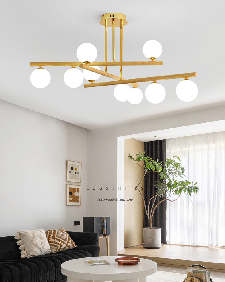 White Glass Bubble Chandelier Modern Gold and Wood Grain Hanging Light for Living Room