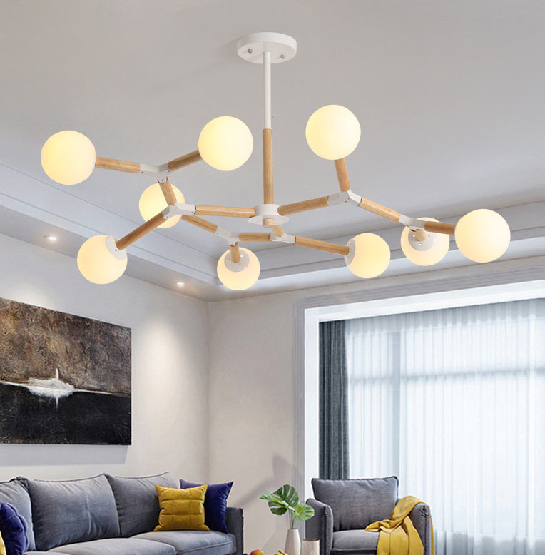 Lampadario molecolare nordico in legno soggiorno luce a sospensione con sfera di vetro opale