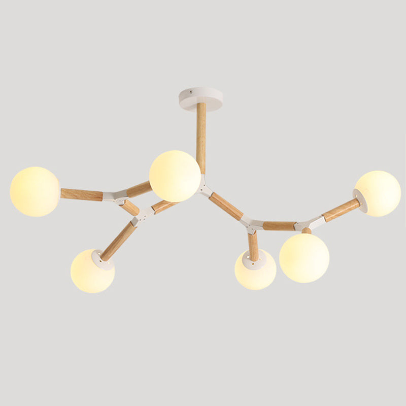 Lampadario molecolare nordico in legno soggiorno luce a sospensione con sfera di vetro opale
