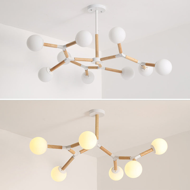 Lampadario molecolare nordico in legno soggiorno luce a sospensione con sfera di vetro opale