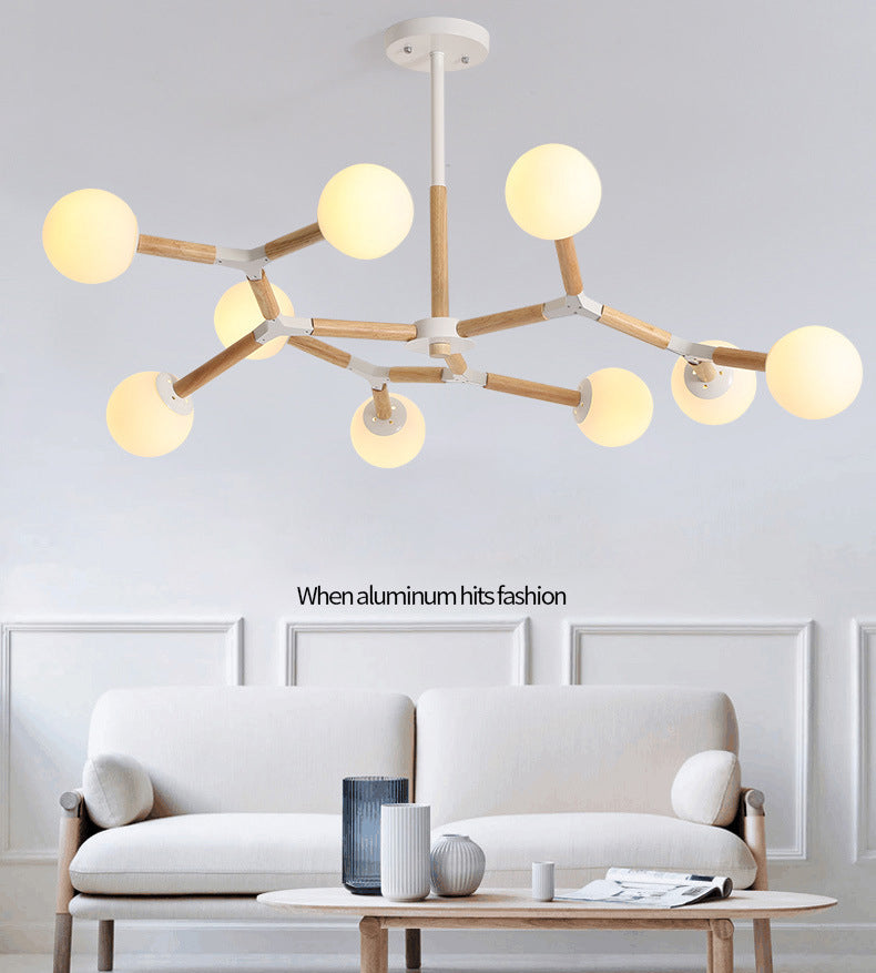Lampadario molecolare nordico in legno soggiorno luce a sospensione con sfera di vetro opale
