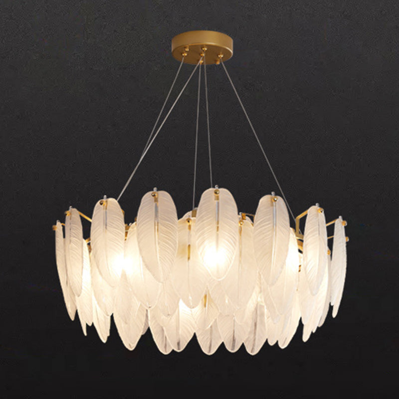 Textured White Glass Feather Chandelier Minimalism Suspension Lighting for Bedroom