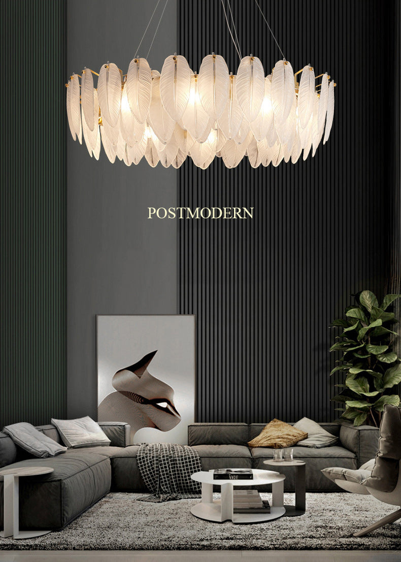 Gestructureerde witte glas veer kroonluchter minimalisme veringverlichting voor slaapkamer