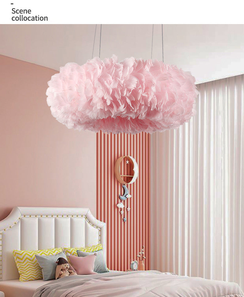 Il lampadario a forma di ciondolo a forma di ciambella rosa illuminazione lampadario piuma per camera da letto