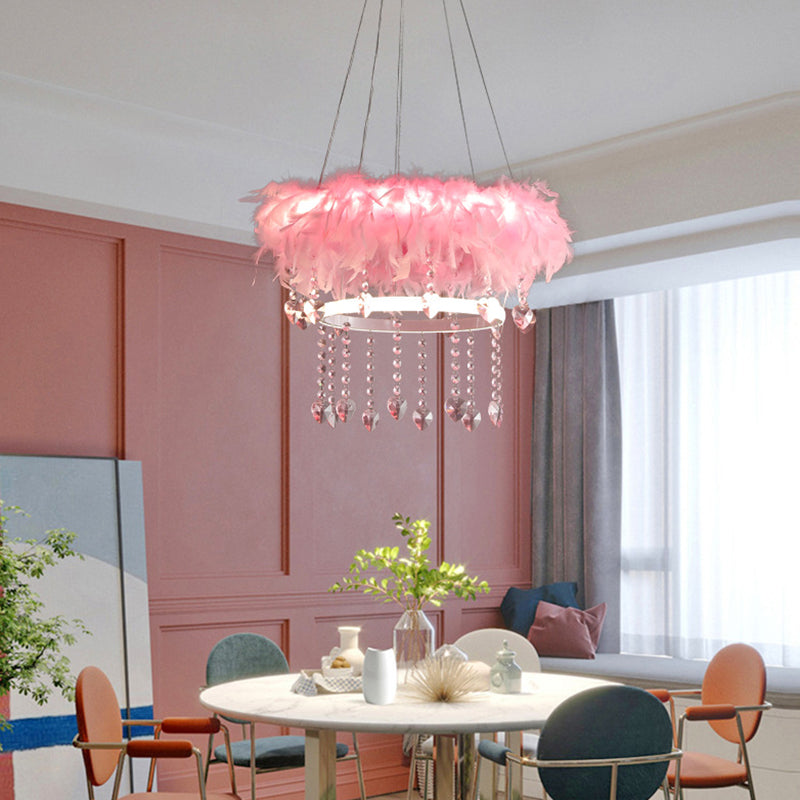 Tapered Feather Chandelier Pendant Nordic LED Hanging Light Fixture with Crystal Decor for Dining Room