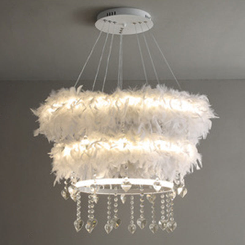 Tapered Feather Chandelier Pendant Nordic LED Hanging Light Fixture with Crystal Decor for Dining Room
